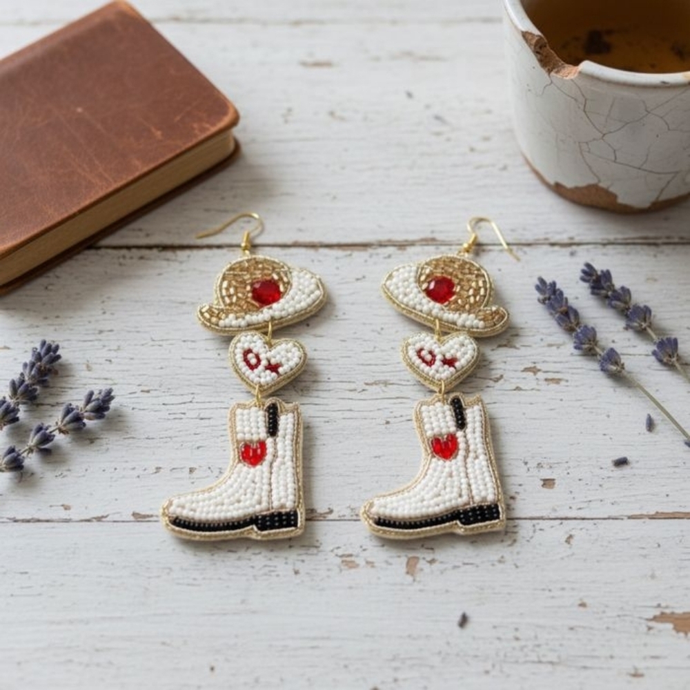 Dangle White Red Bead Cowboy Hat Boots Earrings - Picture 4 of 4